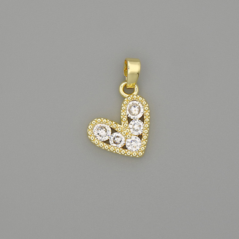 Pendant Heart Necklace with Gold Tone Metal and White Rhinestones, 18x11mm