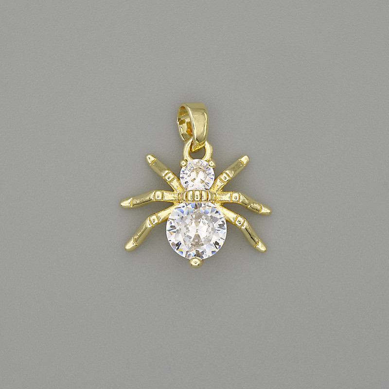 Pendant Spider, golden-toned metal with white rhinestones, diameter 19mm+