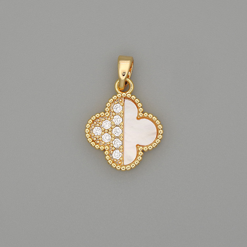 Pendant Charm Clover Pearlized Gold-Tone Metal with White Crystals, 22x14mm