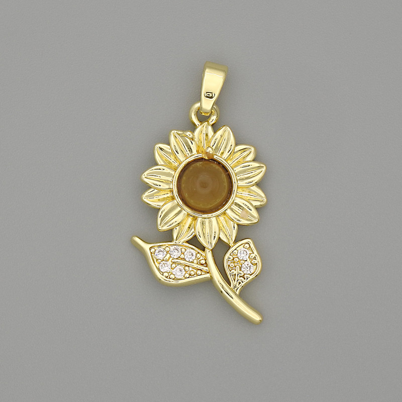 Pendant Sunflower, golden metal with white rhinestones, diameter 30×17mm+