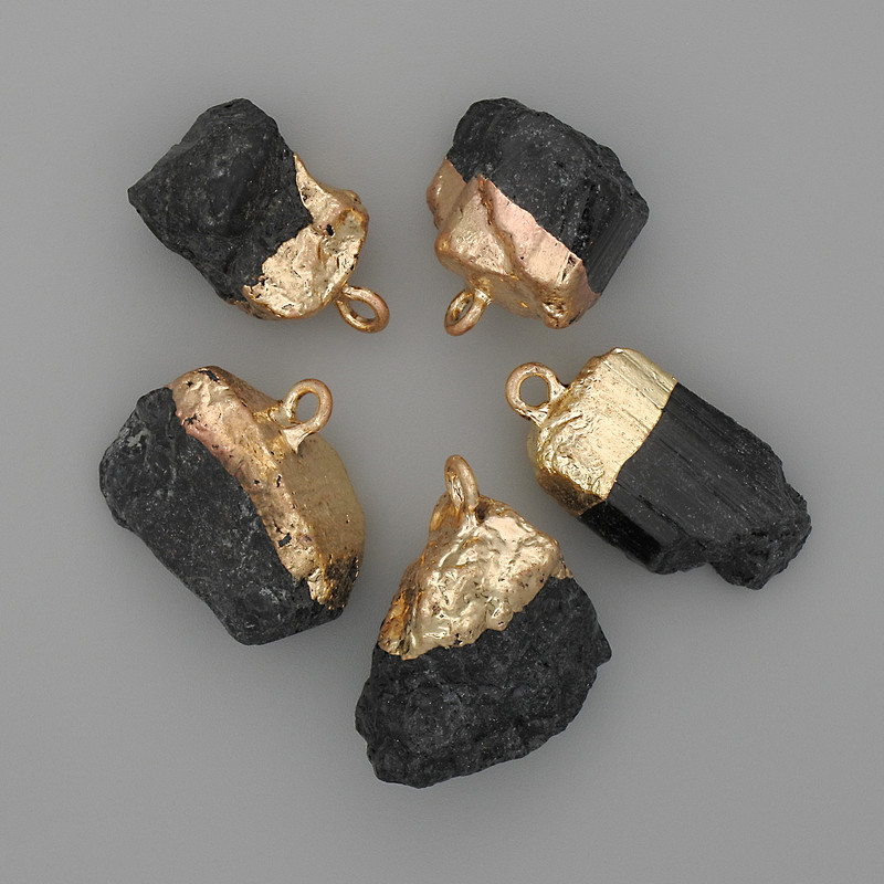 Pendant Turmaline Schorl raw gemstone golden metal 24-32×14-22mm+- assortment size