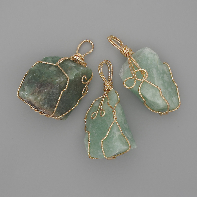 Fluorite Pendant Unpolished Stone in Golden Wire Wrap 44x20mm± Assorted Sizes