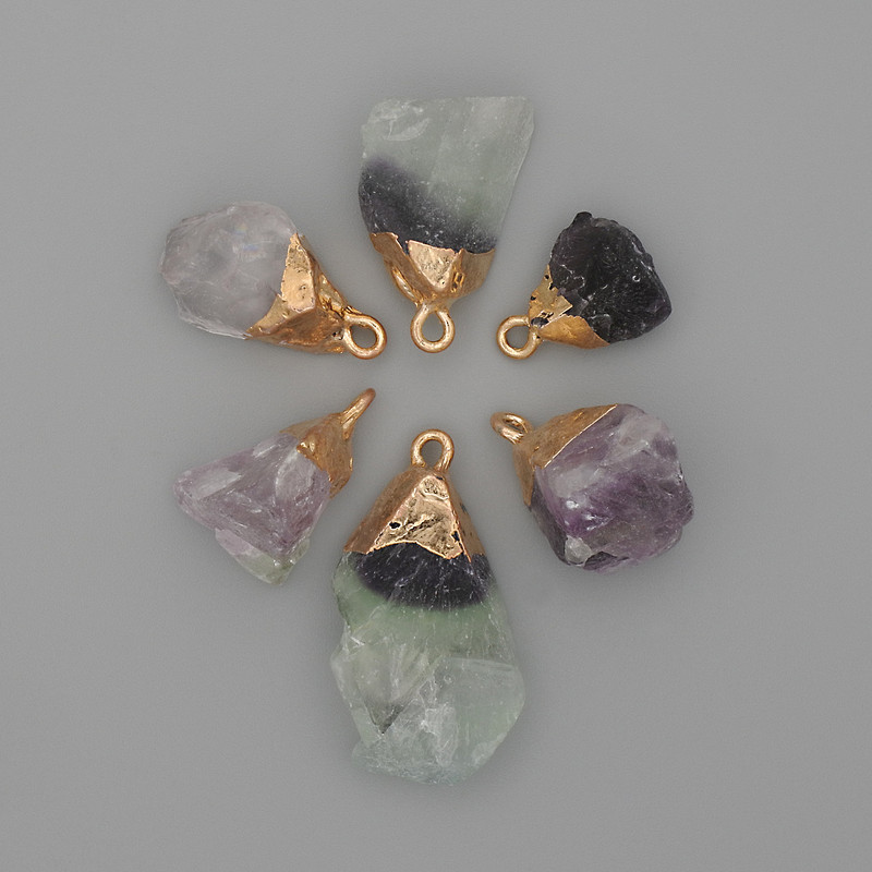 Fluorite Pendant, Uncut Stone in Golden Setting 18-27x12-16mm, Assorted Sizes