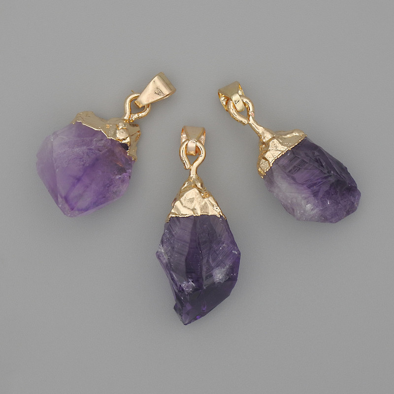 Amethyst Pendant, Untreated Stone, Golden Metal 29x16mm+
