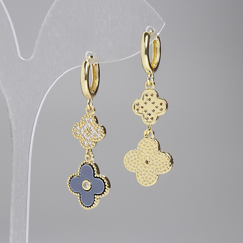 Shamrock Earrings in Gray with White Rhinestones and Gold-Toned Metal, 10mm ± decorative diameter, 14mm ± decorative diameter, length 42mm ±