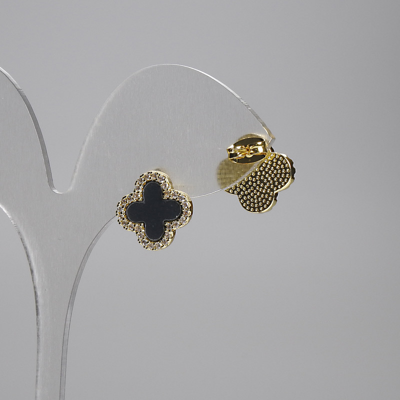 Stud Earrings Clover Black with White Crystals Gold-tone Metal, 14mm diameter+