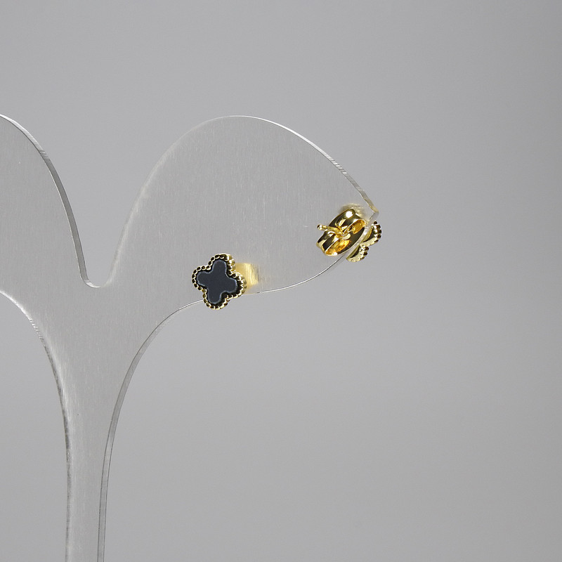 Stud Earrings 'Clover' in black with golden metal, 7 mm diameter+