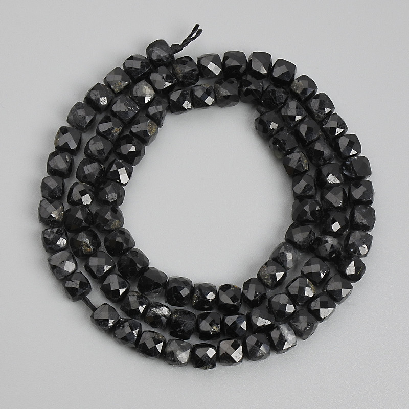 Clearance! Black Tourmaline Beads Faceted Cubes, 4x4 mm ± on thread, 39 in. ±