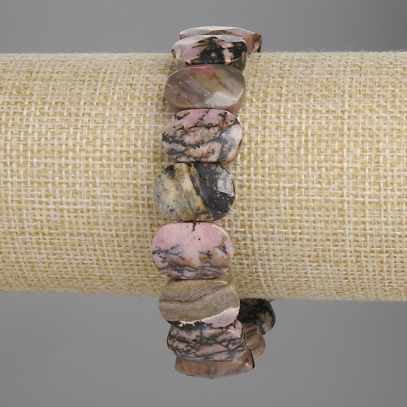 Rhodonite Beaded Bracelet 15x10mm Links, 18cm adjustable stretch