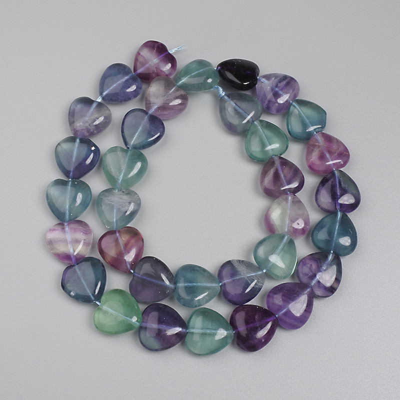 Fluorite Heart Beads, 12mm diameter± on thread, 38cm length±