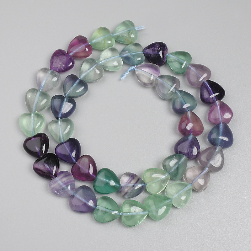 Fluorite Heart Beads, 10mm diameter, on thread, length 38cm
