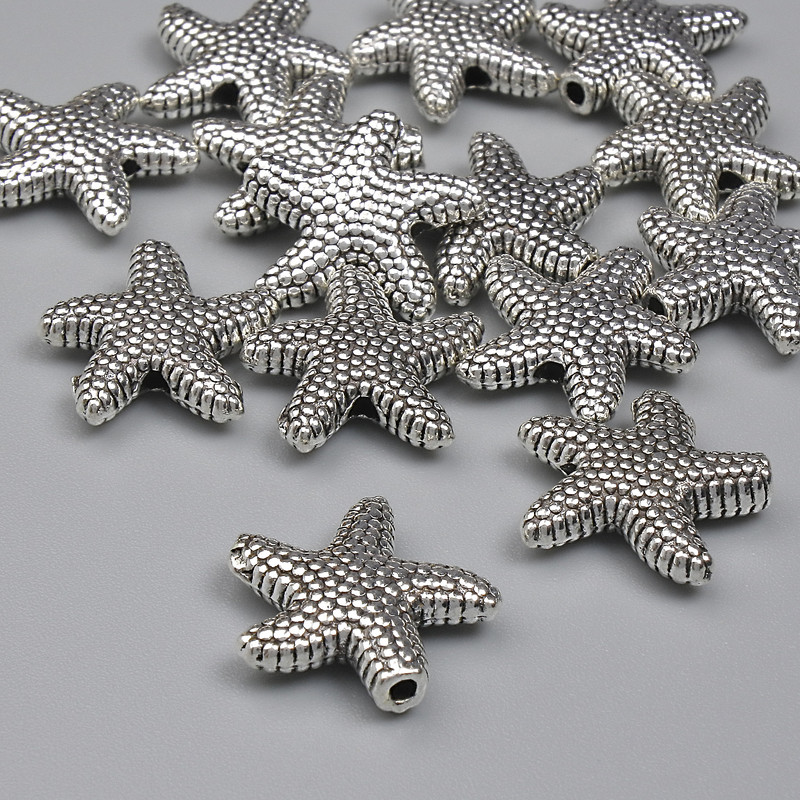 Bead Insert Sea Star Silver Plated, 14mm dia. +/- hole 1.5mm, packaged 20 g (~14 pcs)