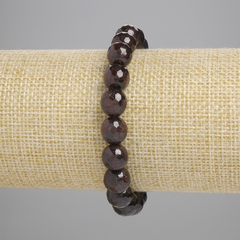 Garnet Bracelet Faceted Beads, 9mm diameter, 18 cm length, stretch