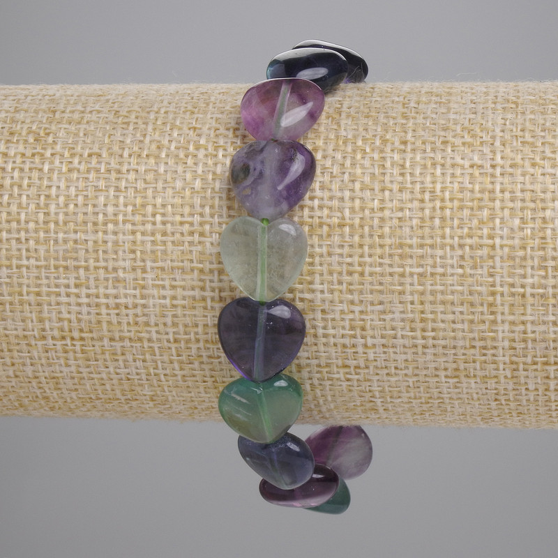 Fluorite Natural Stone Heart Bracelet, 12mm diameter +/-, length 18cm +/- (stretch)