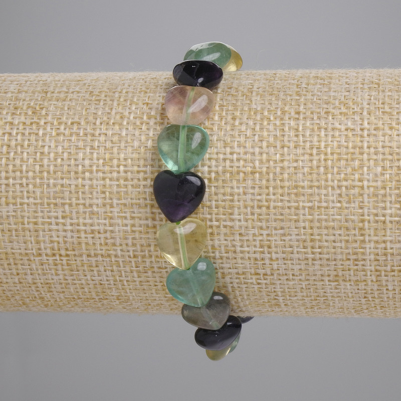 Fluorite Natural Stone Heart Bracelet, 10mm ± heart diameter, 18cm ± length (stretch)