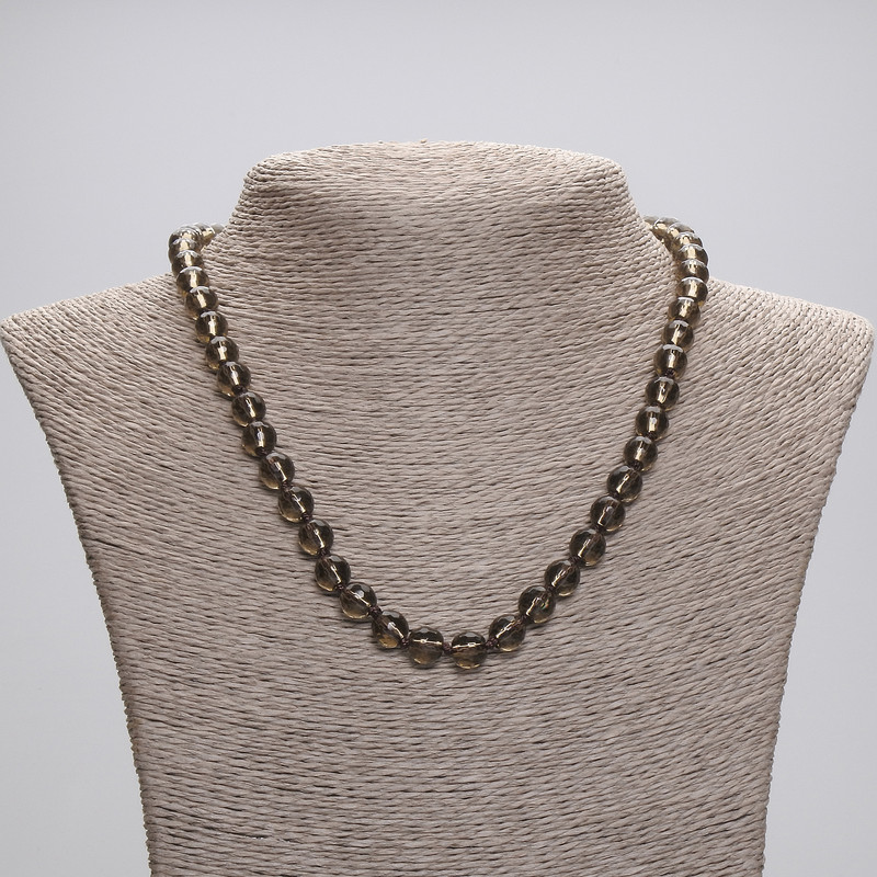 Smoky topaz Bead Necklace with Faceted Heart, 7.5 mm diameter ±, length 45 cm ± with clasp