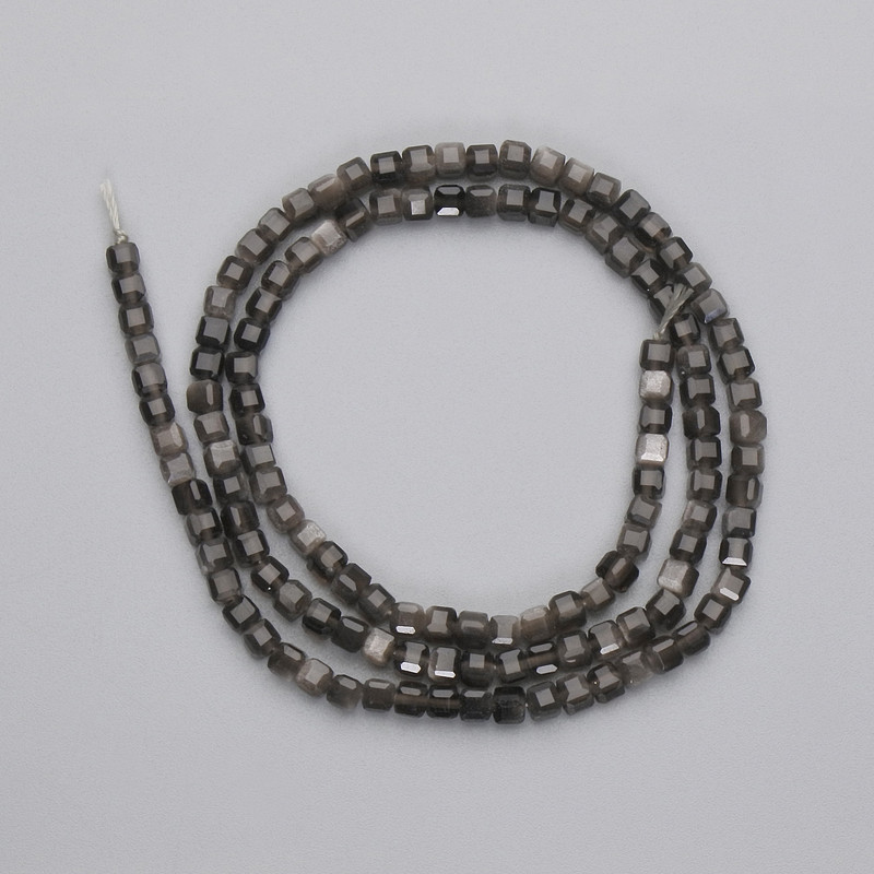Beads, Silver Obsidian, faceted cube, diameter 3×3 mm ± on thread, length 39 cm+