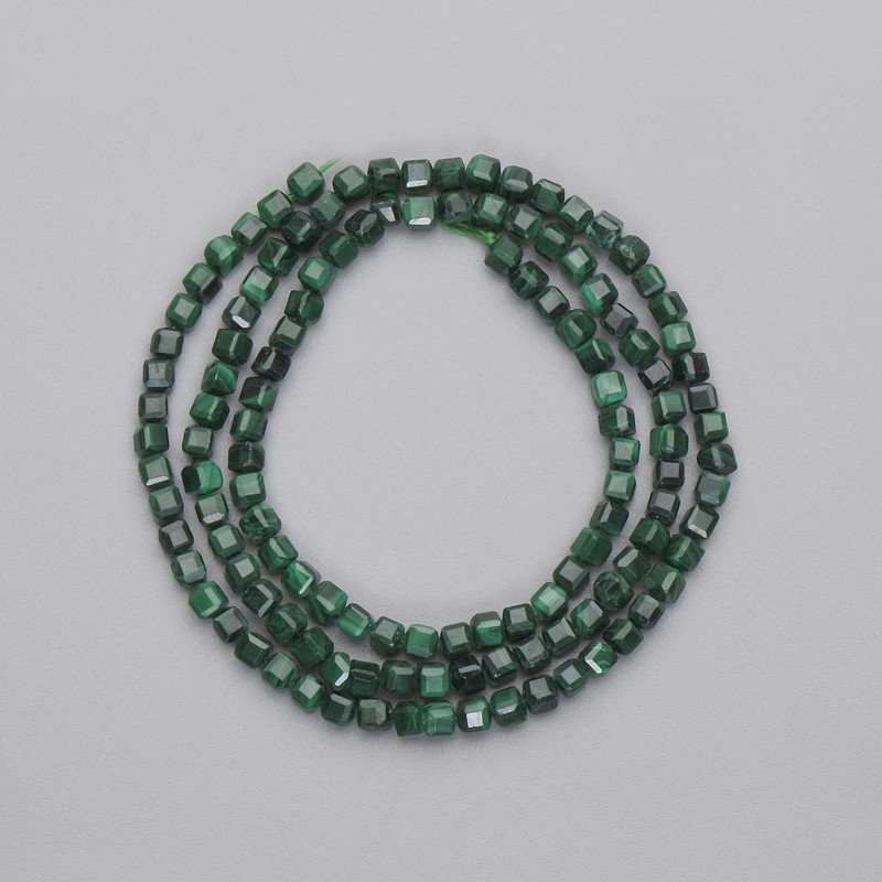 Malachite Beads Faceted Cube, 3x3mm+, on Thread, Length 39cm+