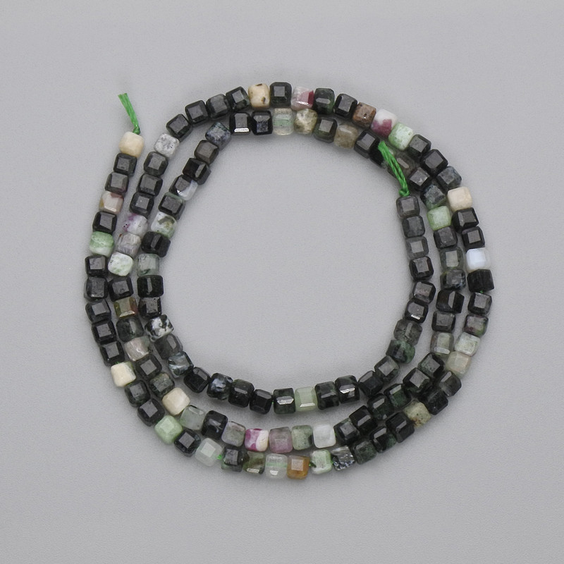 Elbaite Tourmaline Beads faceted cube, 3x3 mm ± on thread, 38 cm length+