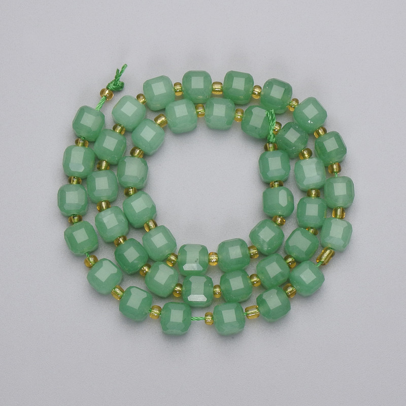  Jade Beads, Faceted Cube, Jadeite, diameter 6.5×6.5 mm, seed beads 3 mm, on a thread, length 38 cm+