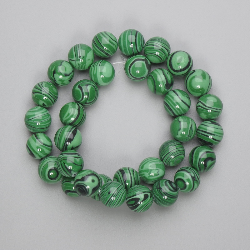 Malachite Beads straight smooth ball 12mm diameter on thread, length 39cm+
