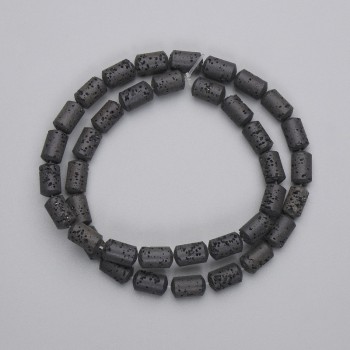 Black Volcano Lava Beads Cylinder 10×6mm± on thread, length 38cm+