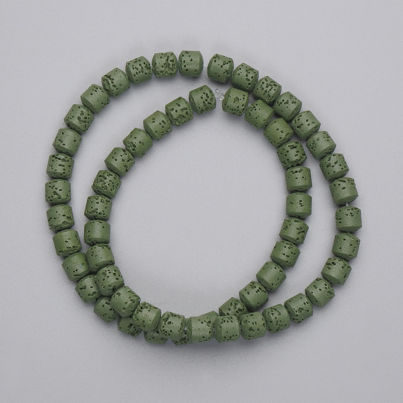 Green Volcano Lava Beads Cylinder, 6x6 mm ± on thread, length 38 cm +