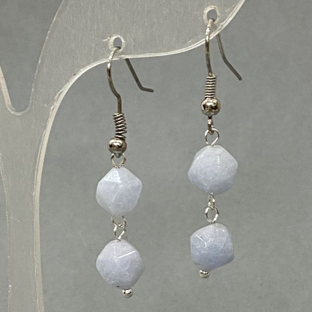Aquamarine Earrings with Natural Gemstone, Multifaceted, 8x7 mm diameter ±, length ~40 mm, Silvery Metal