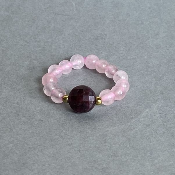 Ring (or Stud?) Pink quartz smooth ball, diameter 4mm±; tourmaline faceted coin 8mm±; hematite bead 2mm±; stretch
