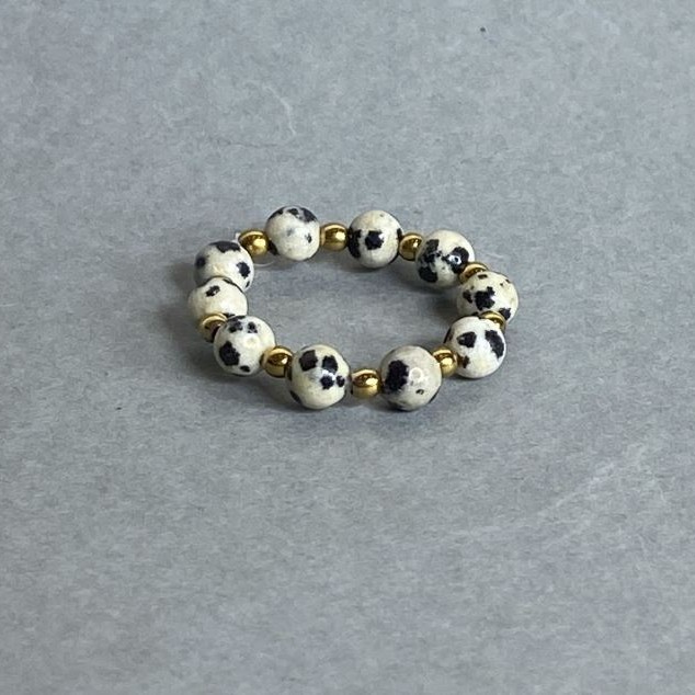 Bead Ring Dalmatian Jasper Smooth Sphere, diameter 4mm± Hematite sphere 2mm± stretch