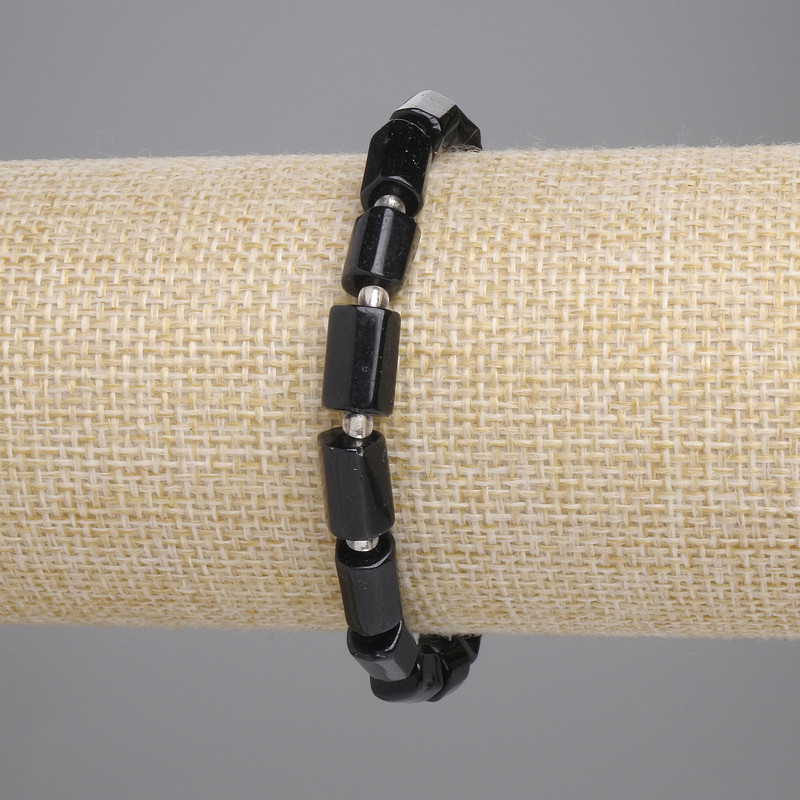 Bracelet, Black Tourmaline, Faceted, 8-10x6mm+- beads 3mm+-, length 18cm+- stretch