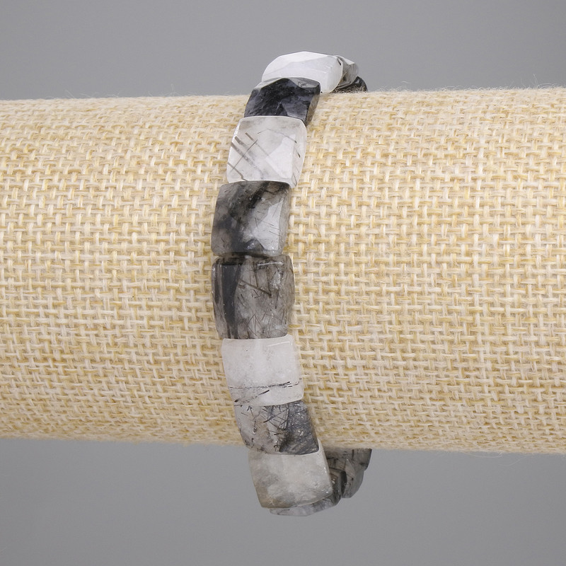 Rutilated Quartz Hairy Quartz Bracelet with Faceted Square Beads, 9-10x9-10 mm, Stretch, 18 cm+