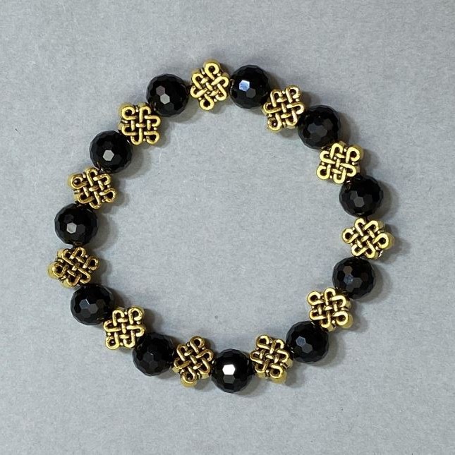 Agate Bracelet (string) Bead 9.5 mm faceted Czech glass ball with metal inserts, 18 cm stretch