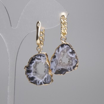 Earrings agate druzy slice cut 24x19 mm+- , length 43 mm+