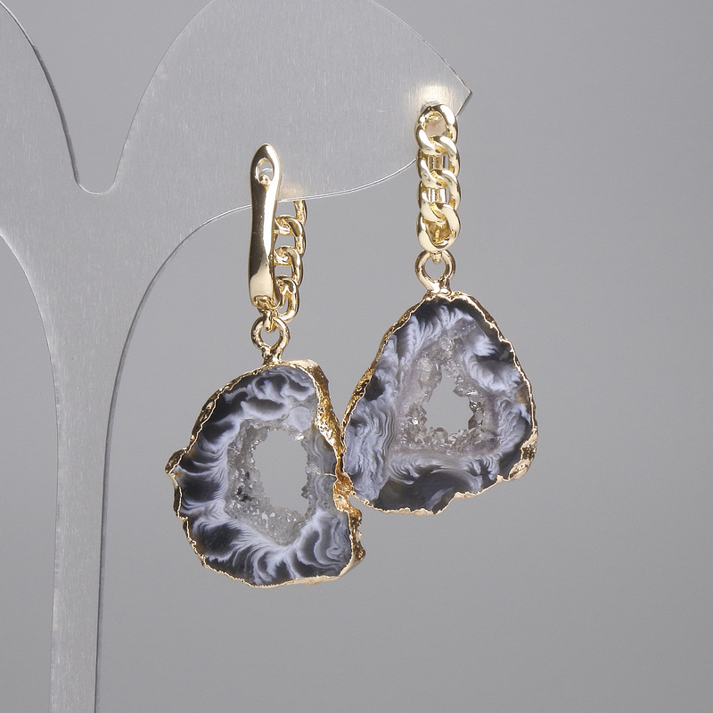 Earrings agate druzy slice cut 24x19 mm+- , length 43 mm+