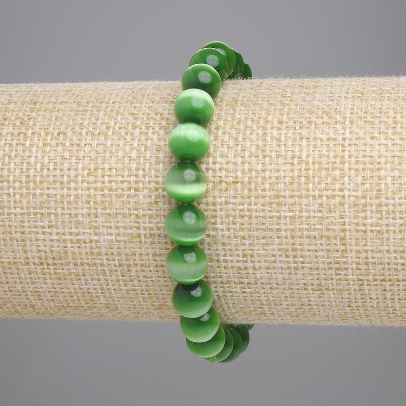 Bracelet Green Cat's Eye Smooth Bead, diameter 8mm+-, length 18cm+- stretch