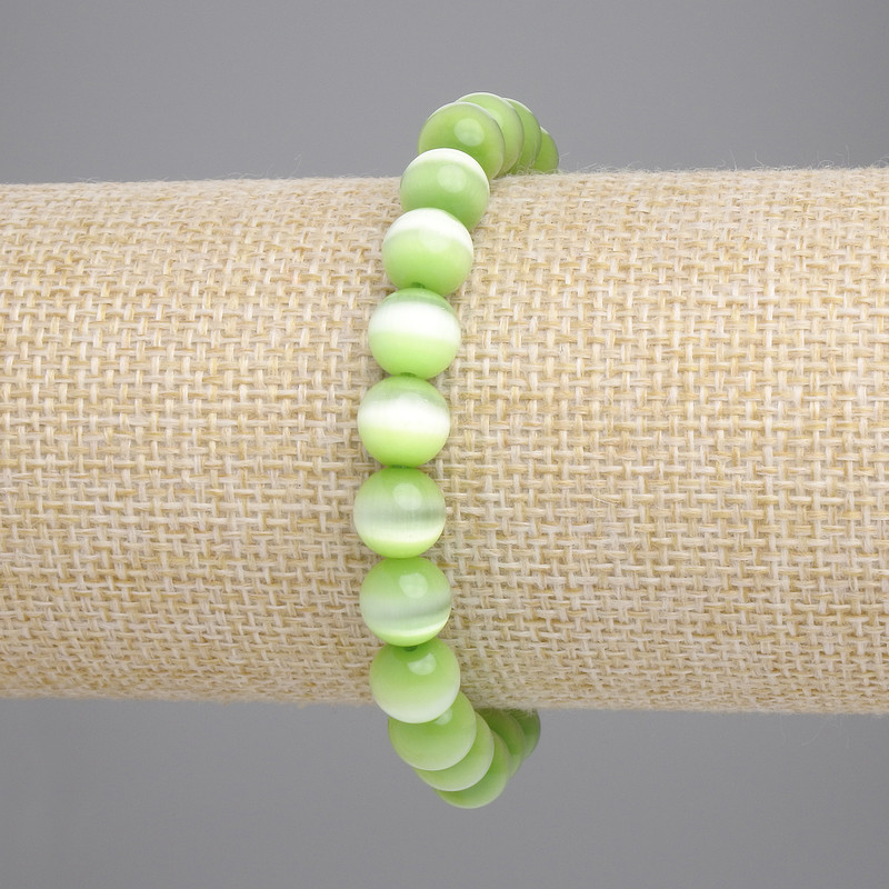 Bracelet with Green Cat's Eye Smooth Rounds, diameter 8mm±, length 18cm±, stretch