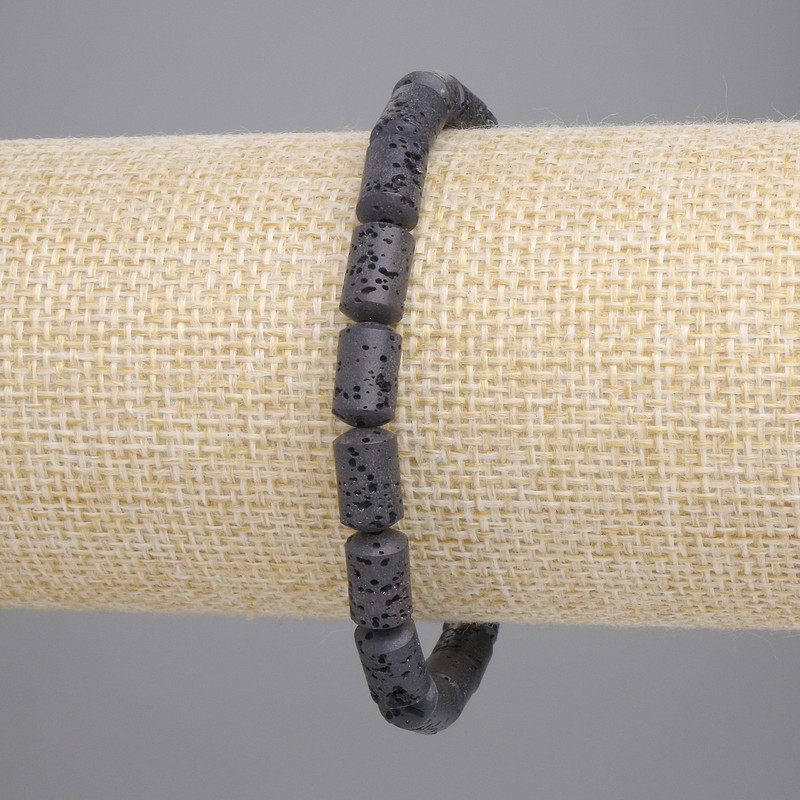 Bracelet of Black Volcano Lava Cylinder, diameter 10×6mm±, length 18cm± stretch