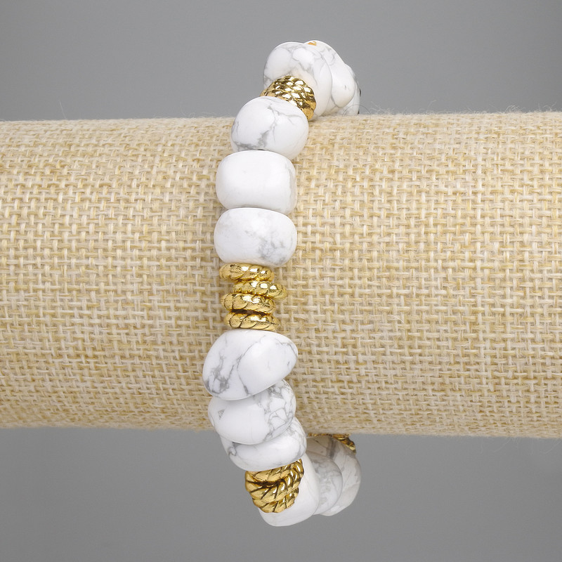 Howlite Bead Bracelet, polished rounds, diameter 10-14×7-10 mm ± with metal inserts, length 18 cm ± stretch