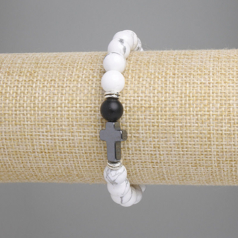 Howlite Bead Bracelet smooth round bead, diameter 8mm±, Hematite cross 14x9mm±, length 18cm±, stretch