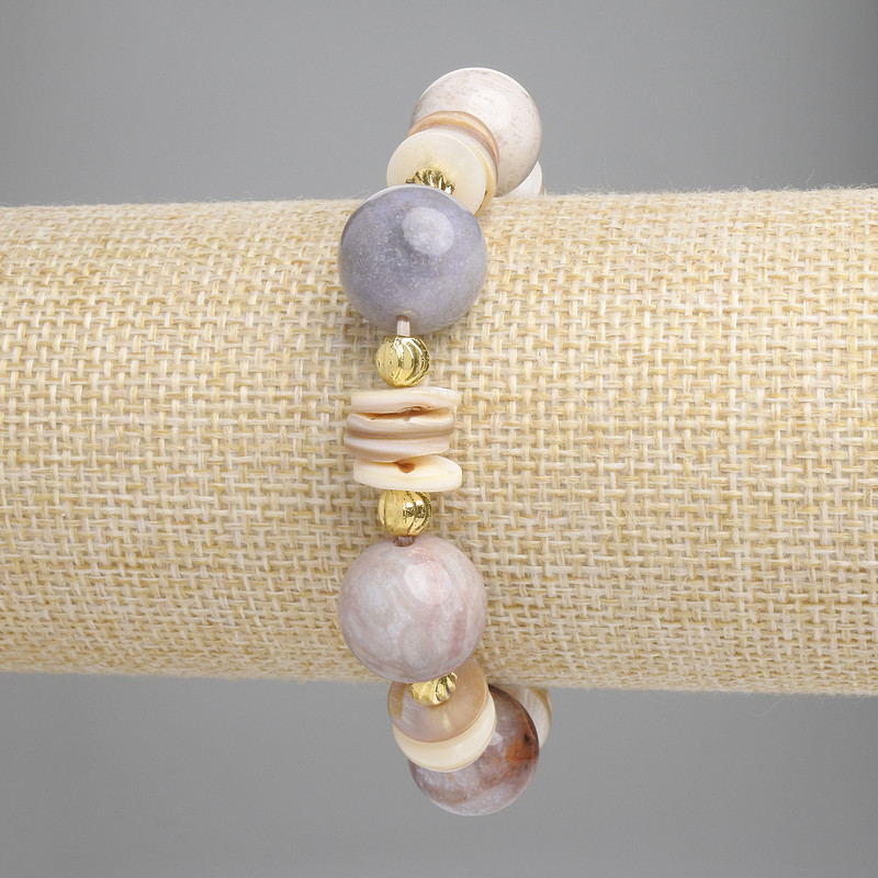 Bracelet of Fossilized Coral Smooth Bead 14mm+; Scarved Rondel, diameter 10x2mm+, with metal inlays, length 18cm+; stretch
