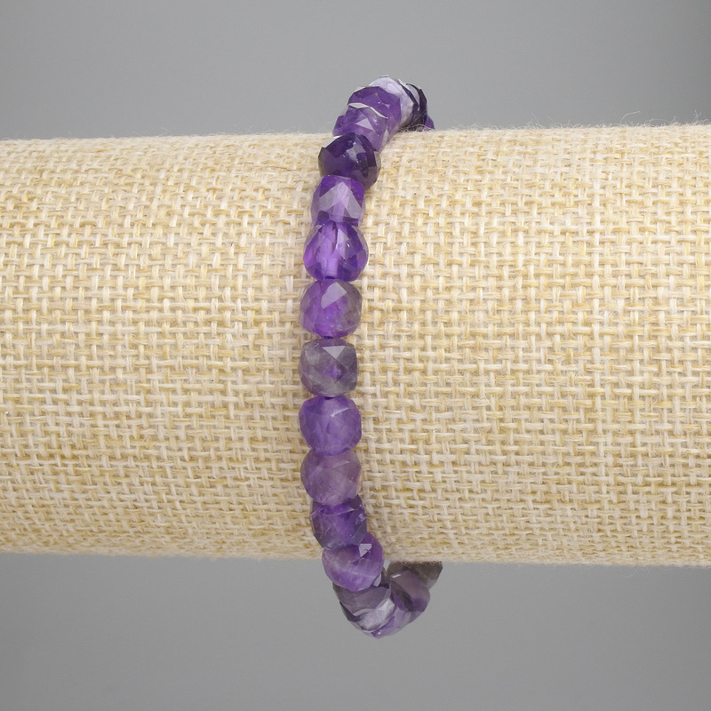 Amethyst Beaded Crystal Cube Bracelet, 6x6mm diameter, 18cm length, stretch