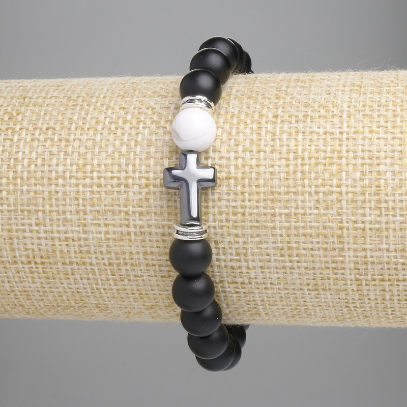 Shungite Bracelet Smooth Bead, Ø 8mm±; Chalcedony Bead 8mm±; Hematite Cross 14x10mm±; length 18cm±; stretch