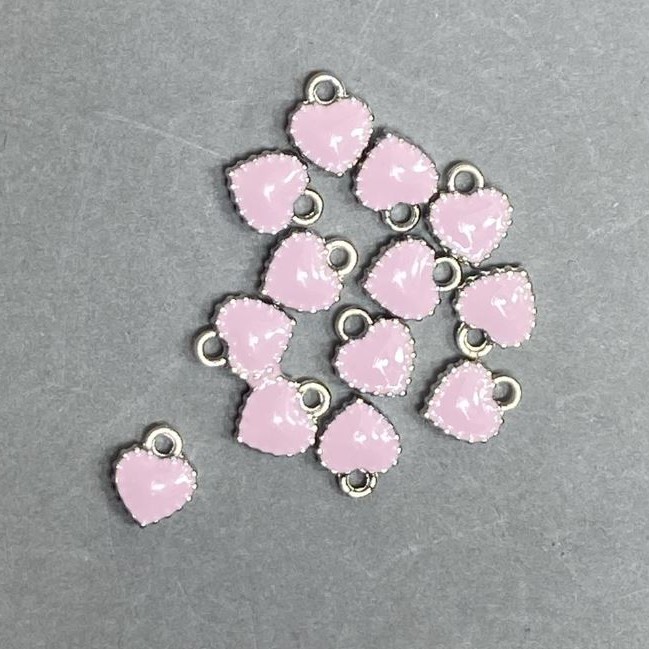 Pendant Heart Pink Enamel Silver-Tone Metal, 7×8mm ±, Pack 13 pcs