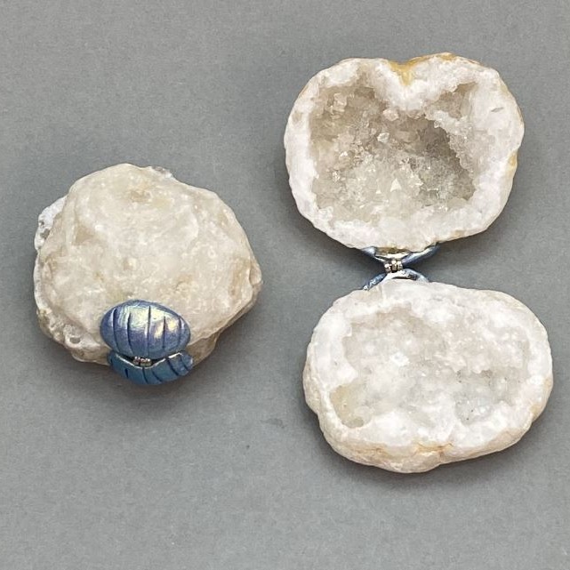 Souvenir Split Geode of Mountain Crystal on Metal Clamp, dimensions ~ 50×45×35mm each part