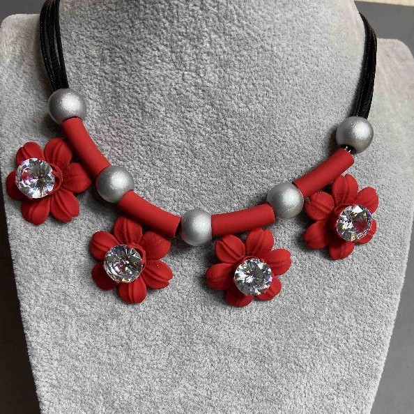 Necklace Red Flowers with White Crystal, 35×29 mm petals, 11 mm beads, on cords, length 45-50 cm