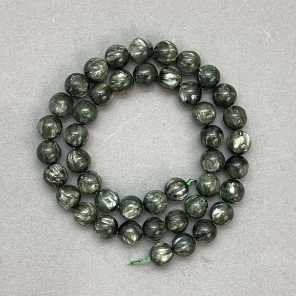 Seraphinite Natural Stone Beads Smooth Round 9mm Ø, 40cm+ Length on Thread