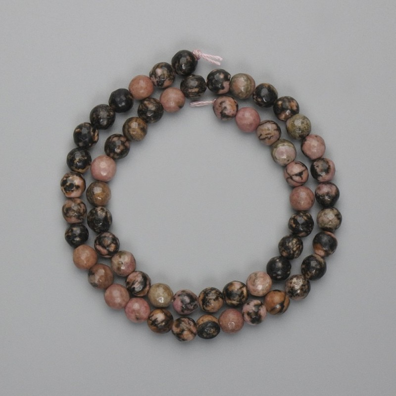 Rhodonite Beads Faceted Round 6 mm on Thread, 35 cm length