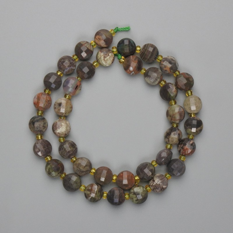 Landscape Jasper Beads, faceted coin-shaped, 9mm diameter ±, 3mm+ seed beads, 38cm ± length on thread