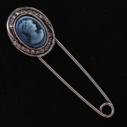 Brooch Pin Cameo with Grey Rhinestones, Silver Metal 20x72mm